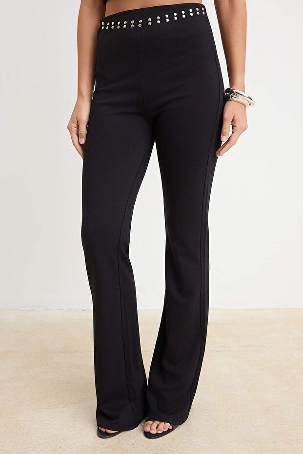 Siyah Flare/İspanyol Paça Normal Bel Uzun İnterlok Örme Pantolon TWOSS26PL00160 - 3