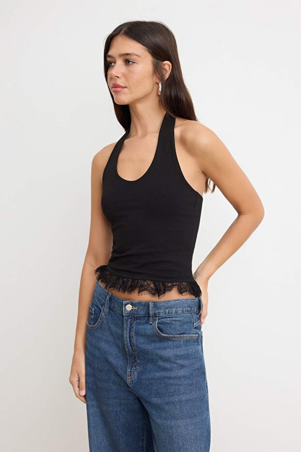 Siyah Fitted/Vücuda Oturan Boyundan Bağlamalı Kolsuz Soft Touch Örme Bluz TWOSS26BZ00798 - 2