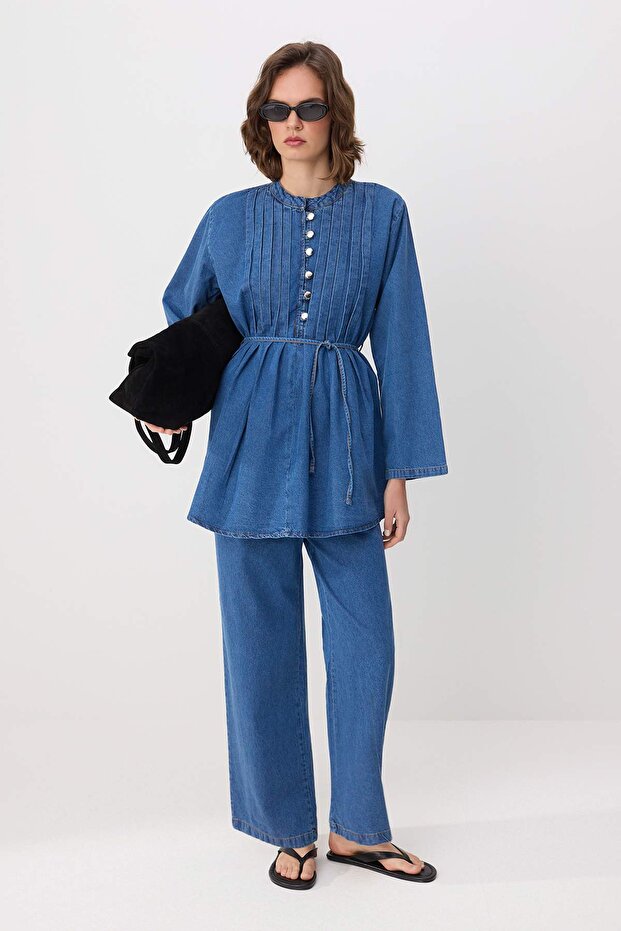 Mavi Düğme Detaylı Gömlek Pantolon Denim Alt - Üst Takım TWOSS26AU00164