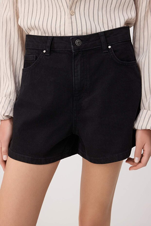 Siyah Yüksek Bel %100 Pamuk Denim City Şort TWOSS26SR00050 - 3