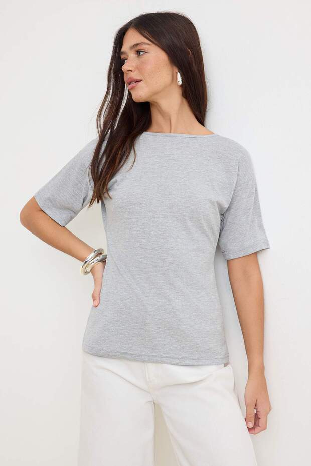 Gri Melanj Düz Regular Kayık Yaka Düşük Kol Kısa Uzun %100 Pamuk Örme T-Shirt TWOSS26TS00247 - 2