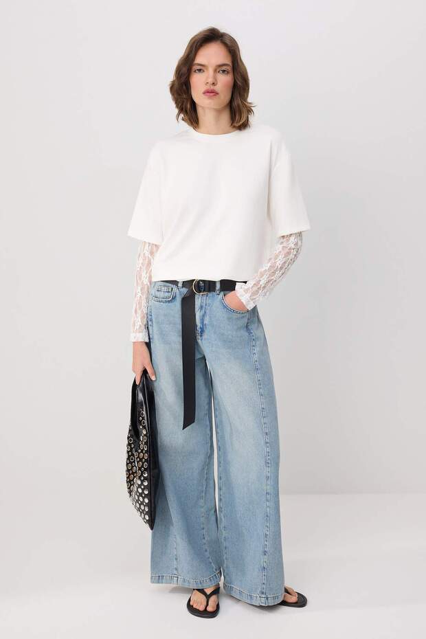 Ekru Oversize/Geniş Kalıp Düşük Kol Dantelli Uzun Kollu Soft Touch Örme T-Shirt TWOSS26TS00191 - 2