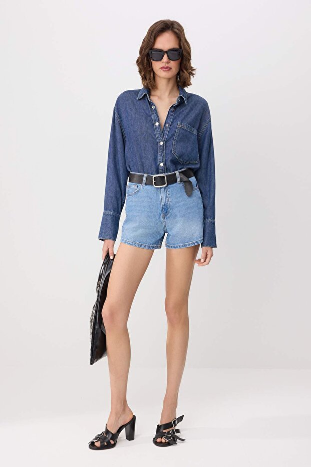 Mavi Yüksek Bel %100 Pamuk Denim City Şort TWOSS26SR00050 - 2