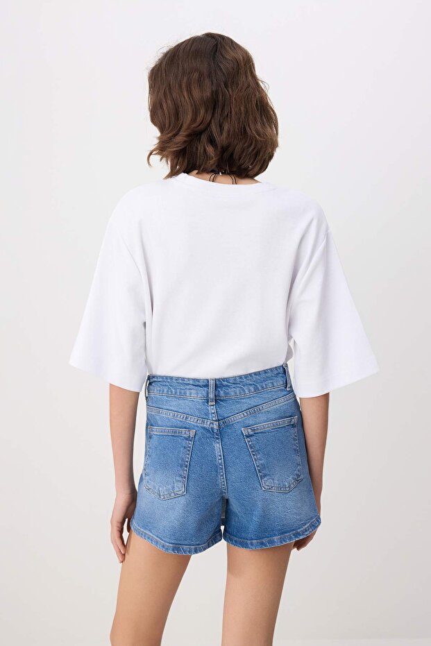 Mavi Kruvaze Kapama Yüksek Bel Az Esnek Denim Şort Etek TWOSS26SR00119 - 5