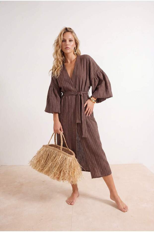 Kahverengi Dokuma Maxi Plaj Kuşaklı Kimono&Kaftan TBESS23KM00028 - 2