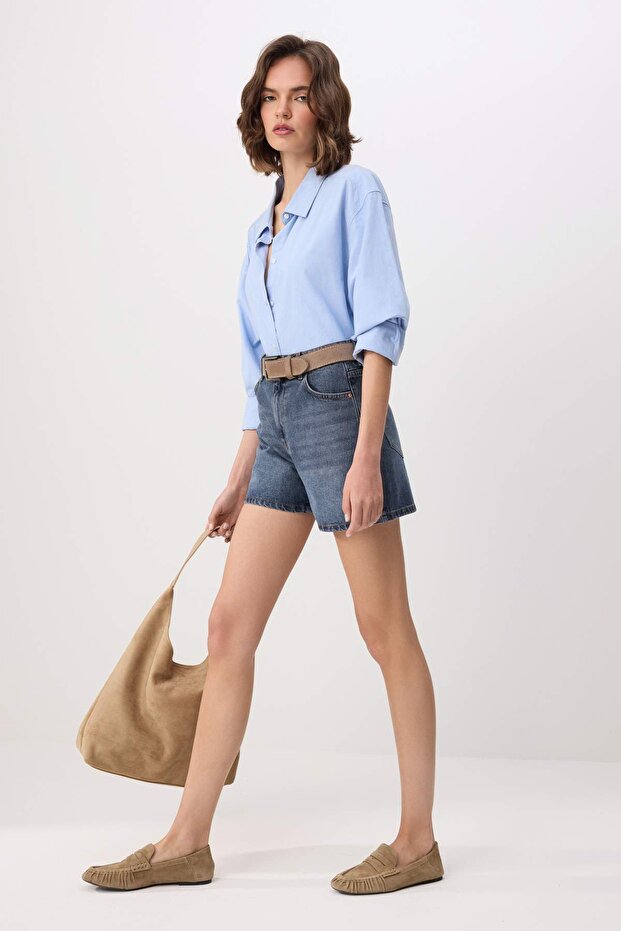 Koyu Mavi %100 Pamuk Yüksek Bel Denim City Şort TWOSS26SR00094 - 1
