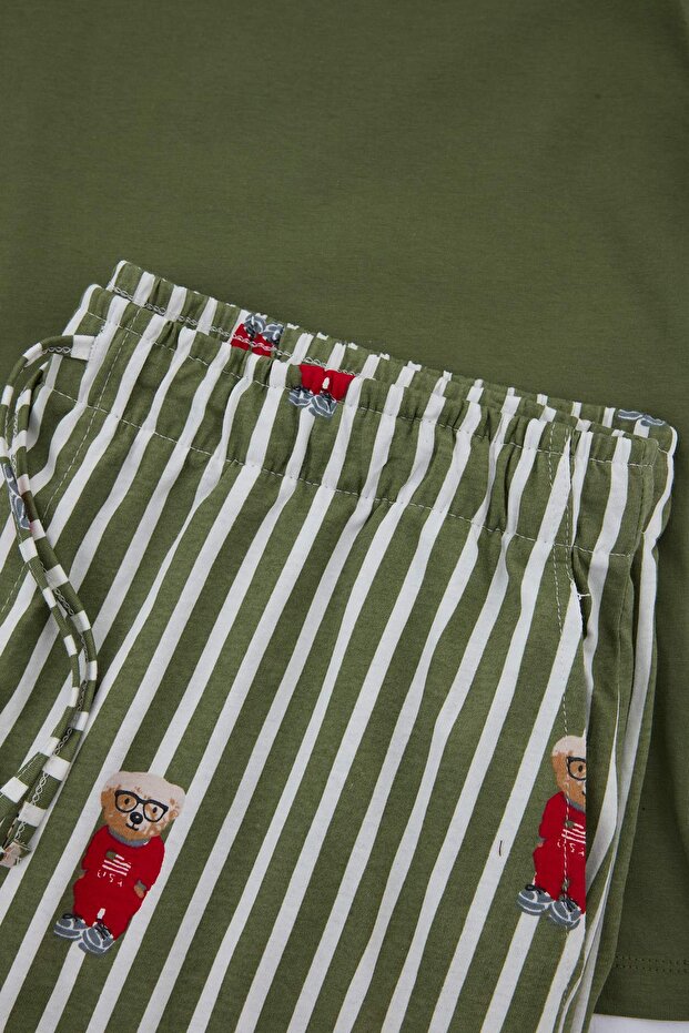 Büyük Beden Haki Regular Kesim Çizgili Ayıcık Desenli Örme Pijama Takımı TMNSS26AI00004 - 5