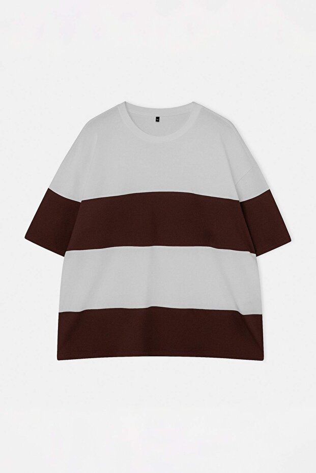 Kahverengi-Ekru Oversize/Geniş Kesim Büyük Beden %100 Pamuk T-Shirt TMNSS26BF00003 - 4