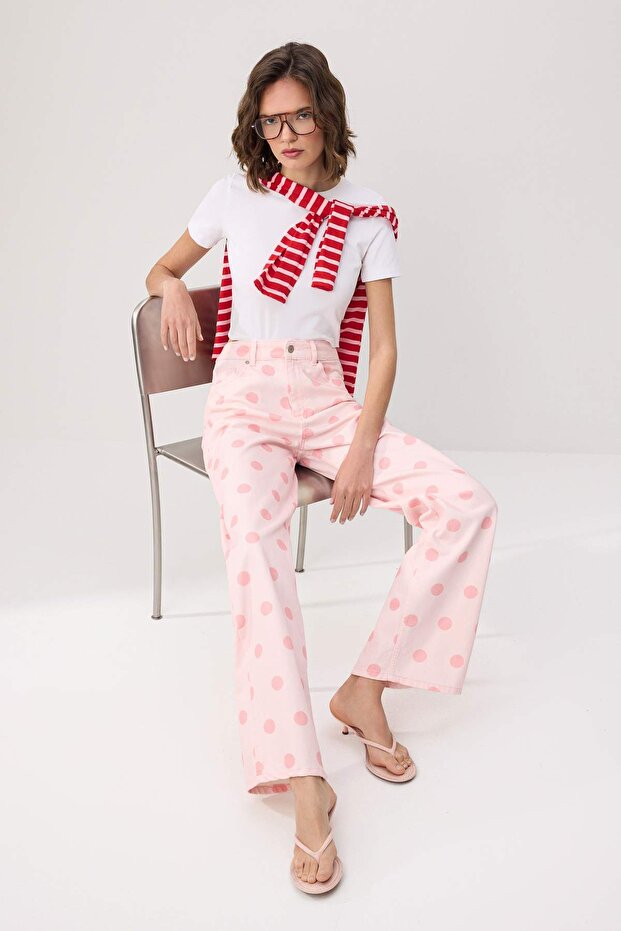 Pembe Puantiyeli Yüksek Bel Wide Leg Jeans TWOSS26JE00341