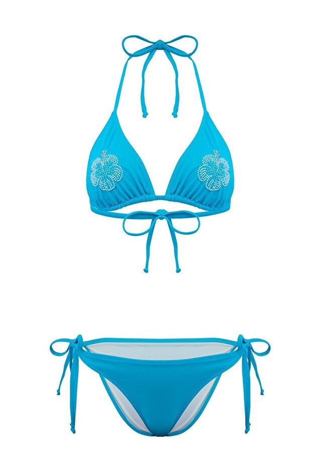 Turkuaz Boncuk Aksesuarlı Üçgen Kaplı Normal Bel Regular Bikini Takımı TBESS26BT00011 - 5