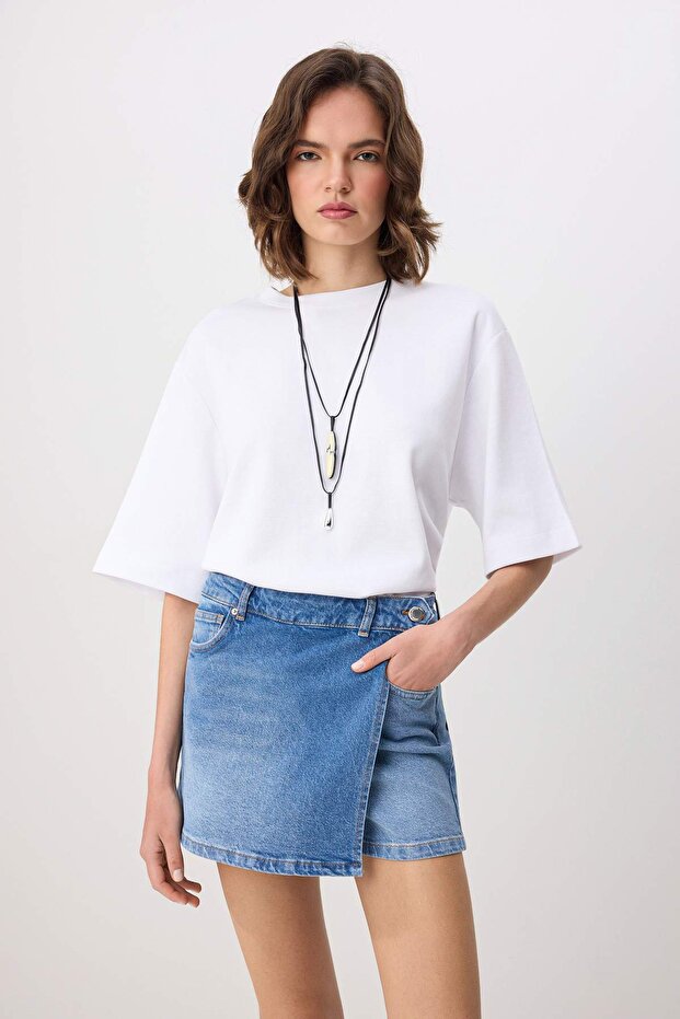 Mavi Kruvaze Kapama Yüksek Bel Az Esnek Denim Şort Etek TWOSS26SR00119 - 2