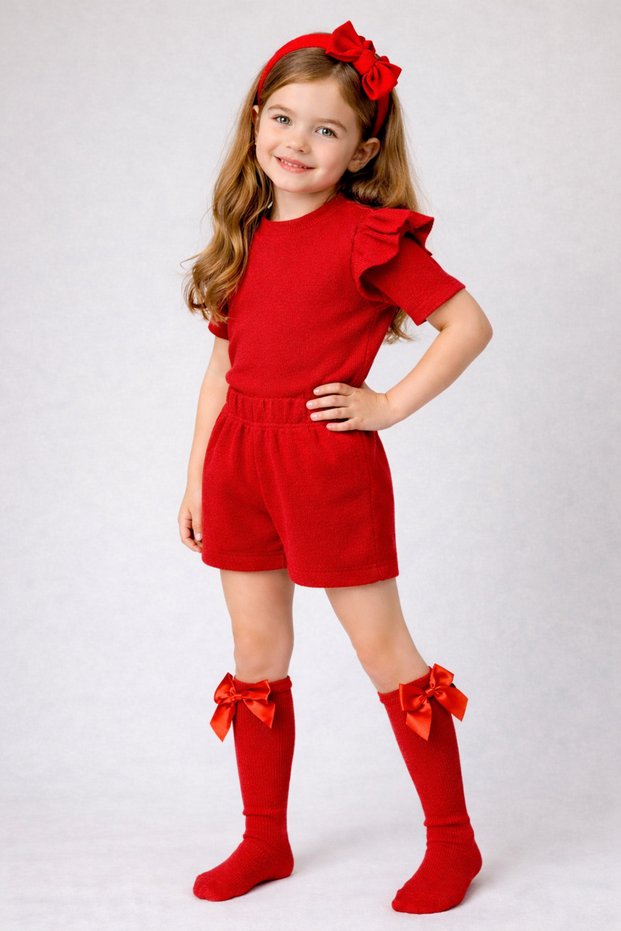 Red Shorts & T-Shirt, Bow Red Socks Corded Fabric Girl's and Baby's 3-Piece Clothing Set