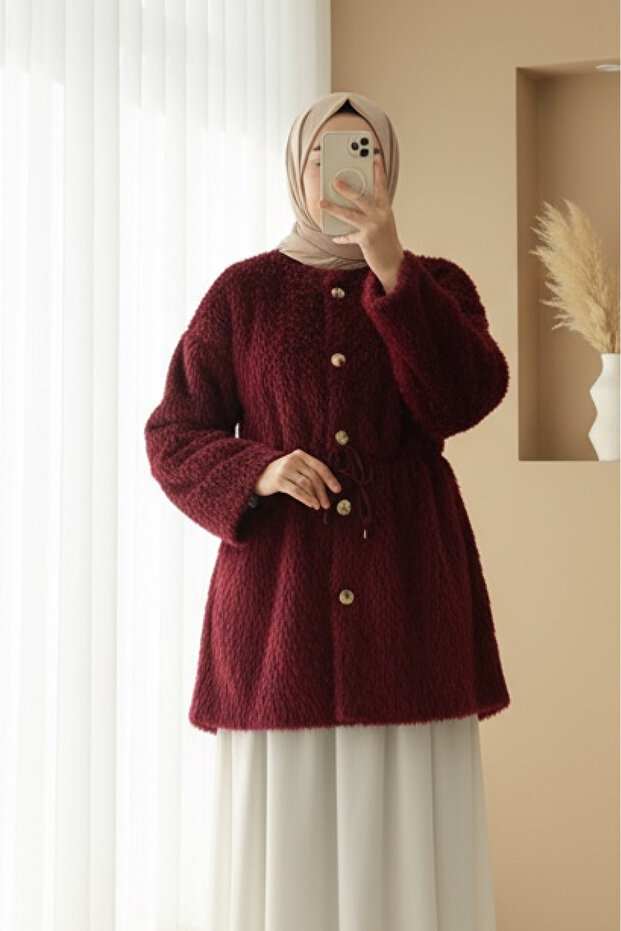 Fur Jacket with Lining and Drawstring Waist - Burgundy