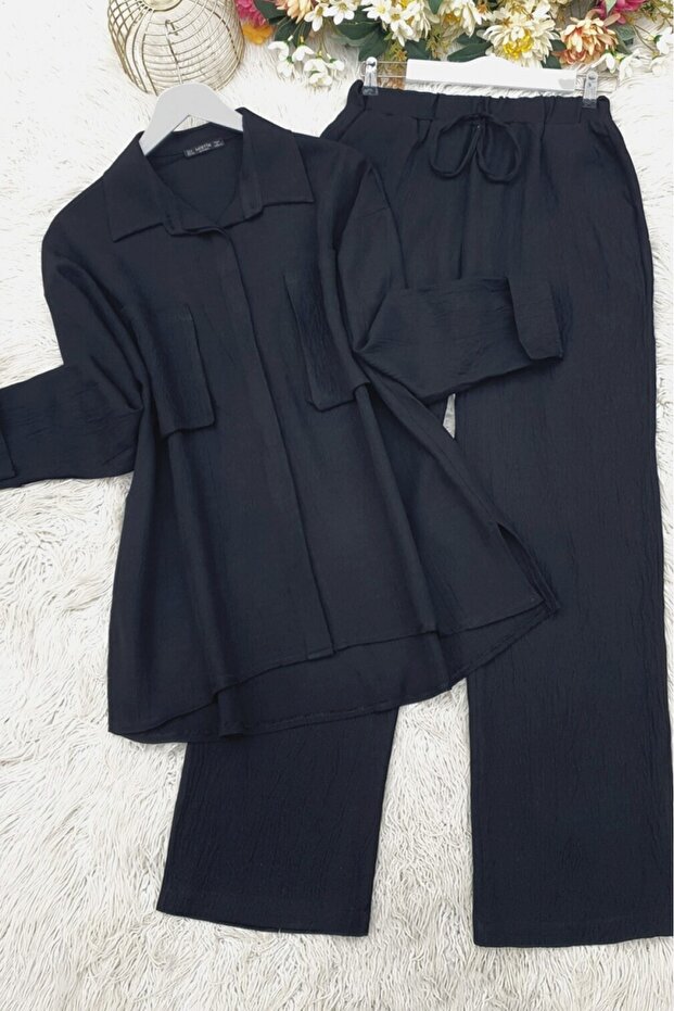 Double Linen Set with Bellows Pockets - Black - 3
