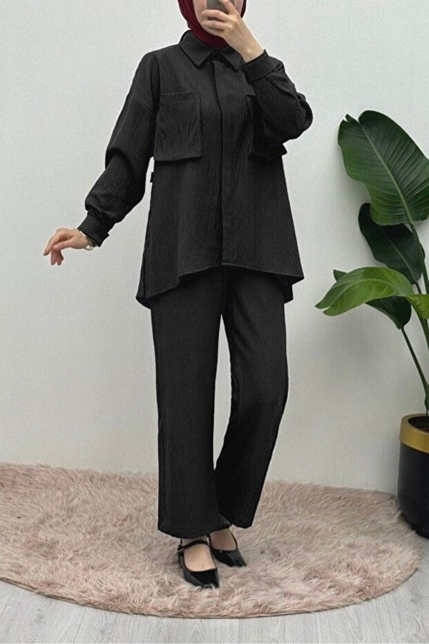 Double Linen Set with Bellows Pockets - Black - 4