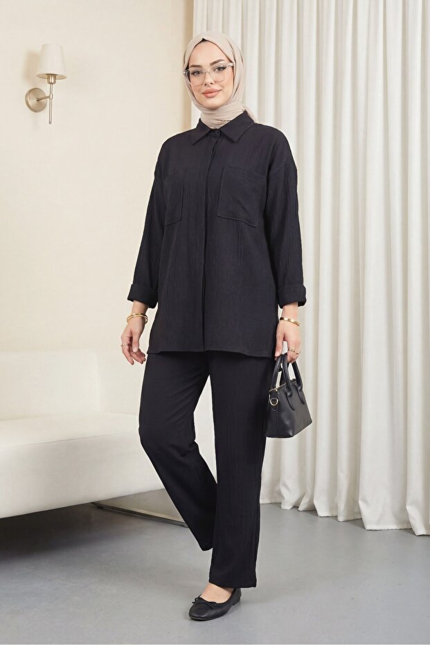 Double Linen Set with Bellows Pockets - Black - 1