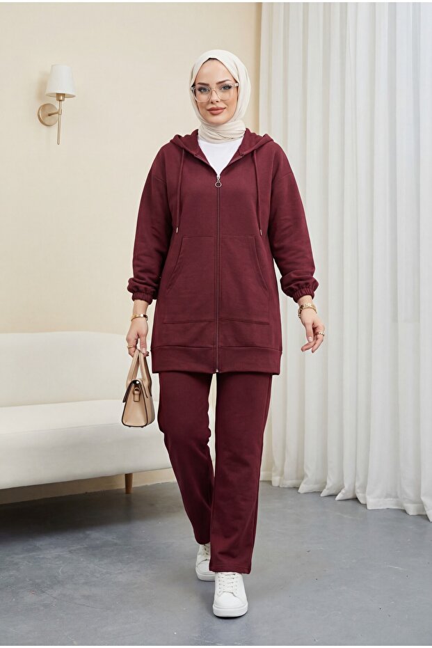 Zippered Hooded Combed Cotton Set - Burgundy