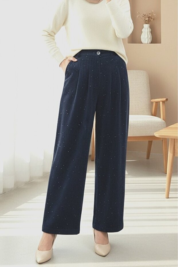 Velvet Pants with Pockets and Wide Legs with Sequin Detail - Navy