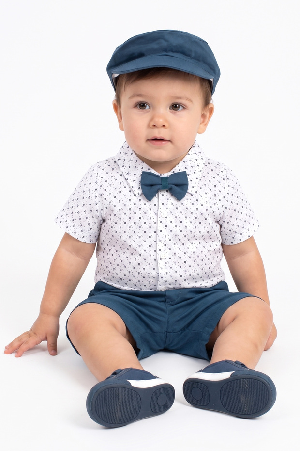 Baby Boy White Blue Patterned Shirt, Hat, Bow Tie and Shorts Set