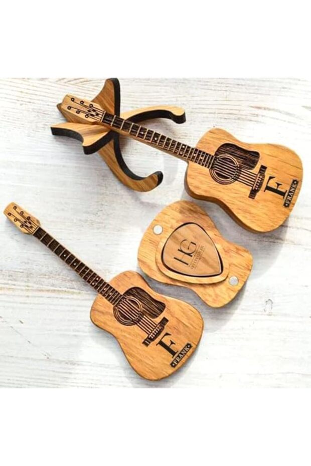 Custom Guitar Picks Set, Wooden Guitar-Shaped Box with Engraved Name, Personalized Gift