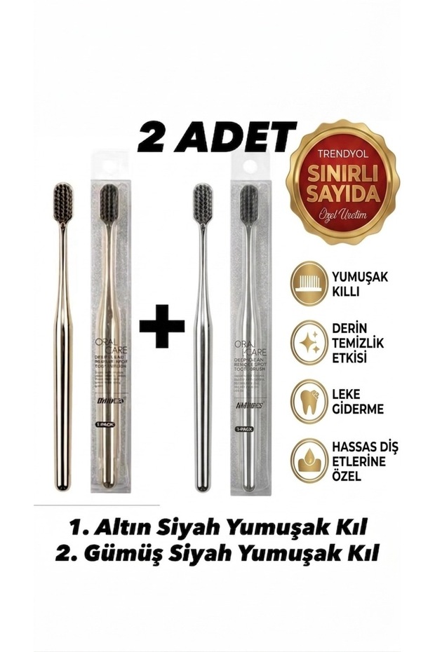 Gold and Silver Color Toothbrush with Black Bristles (2 Pieces)