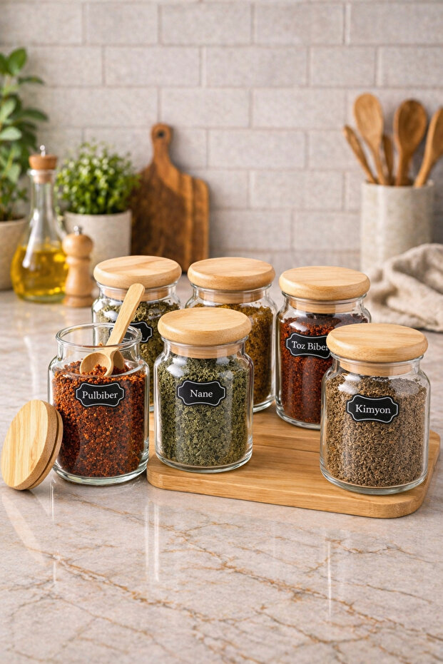 6-Piece Premium Glass Spice Jar Set with Bamboo Lids and Spoons – Vacuum Kitchen Organizer Dowry Set