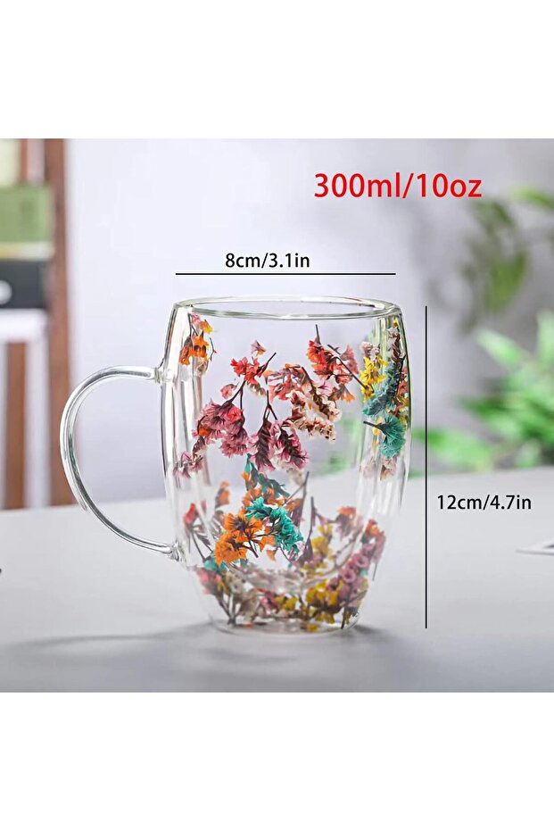 Double Wall Glass Coffee Mugs,350 ml Insulated Heat-Resistant Clear Flower Design with Handle