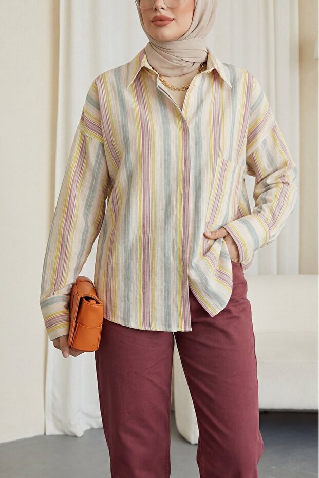 Embossed Striped Single-Pocket Oversized Shirt - Phosphor Y.