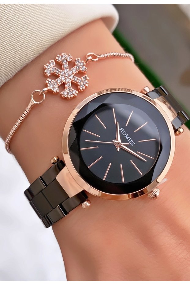 Brand Rose Black Color Waterproof Women's Wristwatch - With Bracelet Gift