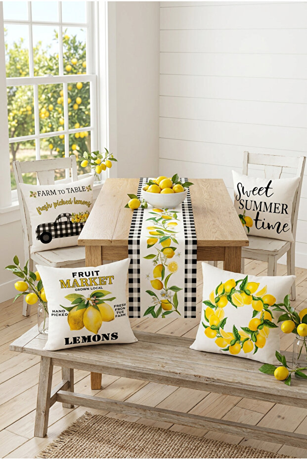 Hello Sunshine Lemon Themed Black Striped Decorative 4-Piece Throw Pillow Cover and Runner Set