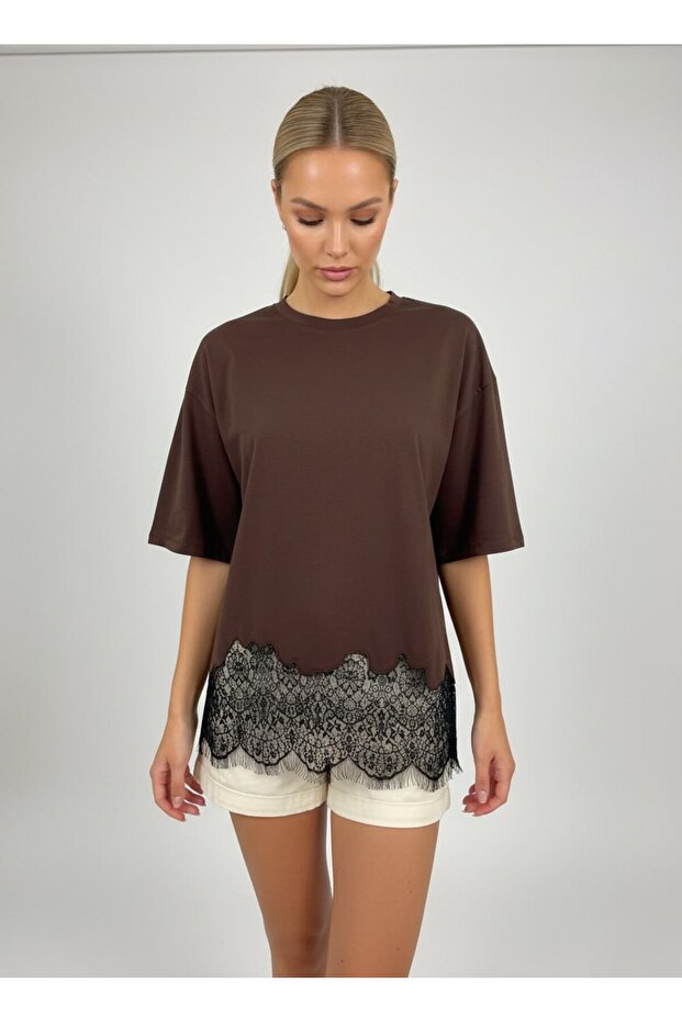 Women's Crew Neck Skirt Lace Detail Combed Cotton Tunic 13005