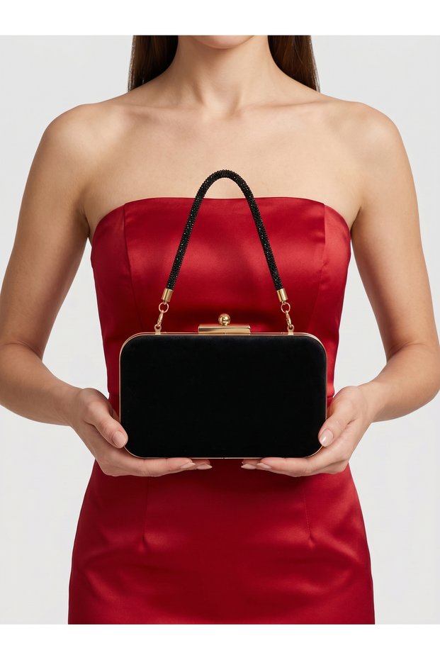 Black Color Satin Stone Handle Women's Evening Dress Bag Wedding Engagement Graduation