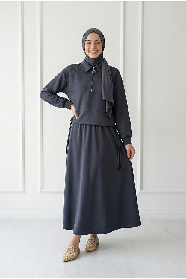 Caminda Half Zipper Side Lace-Up Skirt Suit-Mf1820 Anthracite