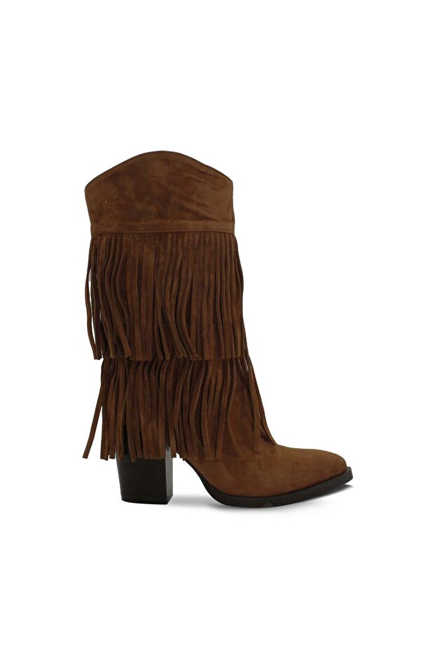 Genuine Suede Tasseled Western Heeled Boots E13 Suede Sigaro