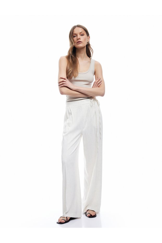 Viscose Linen Blended Asymmetrical Wide Leg Trousers with Pockets and Tie Waist
