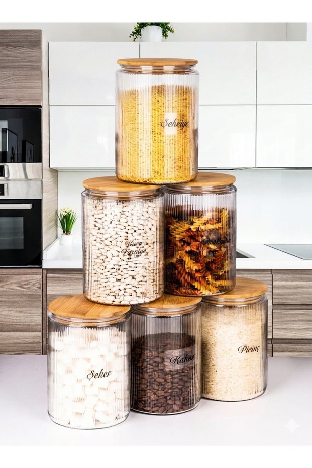 Set of 6 Striped Easy-To-Clean Wide-Mouth Glass Storage Jars for Legumes and Food 2000 ml