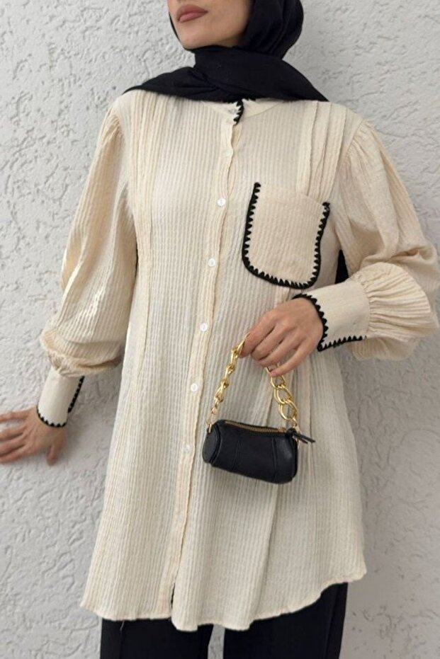 Single Pocket Shepherd's Stitch Buttoned Shirt - Cream