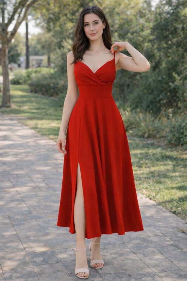 Strappy Double Breasted Collar Slit Detail Midi Length Crepe Fabric Evening Dress
