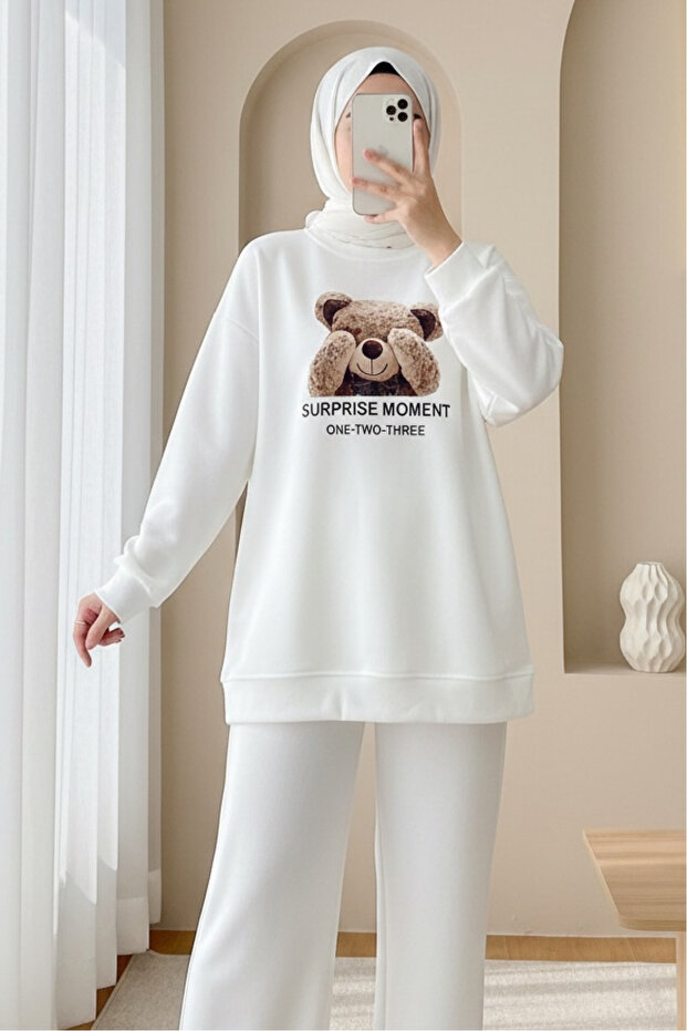 Teddy Bear Printed 3 Thread Sweat Set - White