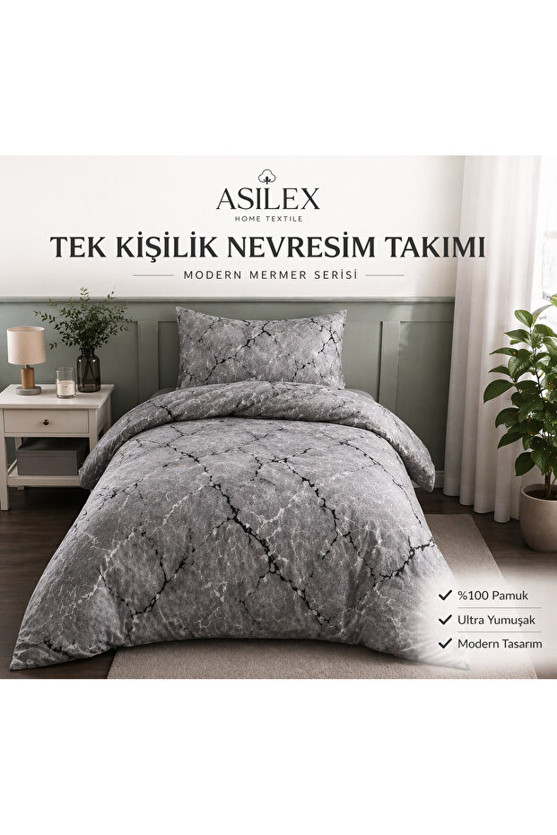 Single Duvet Cover Set Gray Marble Pattern Cotton Elastic Sheet Set 160X220 cm
