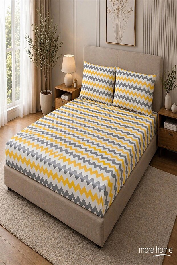 Single Elastic Sheet Set + Pillowcase Zigzag Pattern Yellow Gray White - 1