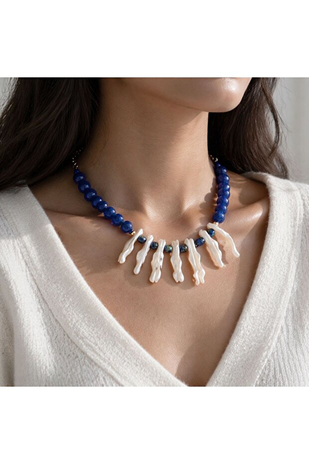 Stick-Shaped Navy Blue African Design Necklace