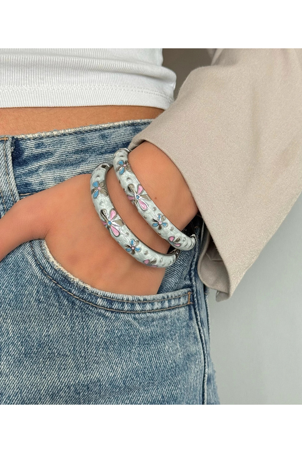 Silver White Floral Enamel Handcuff Bracelet