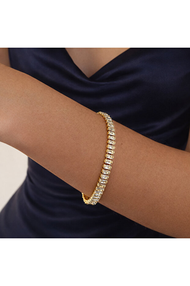 Tarnish-Resistant Steel Gold Rectangular Waterway Tennis Bracelet 5mm (Tarnish Guarantee)