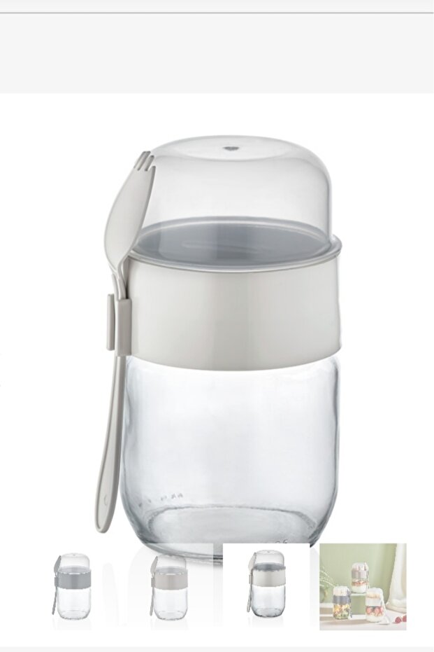 Gray Glass Yogurt Container Qlux Glass Yogurt Muesli Portion Container Food Container C-00538 Bpa-Free with Fork