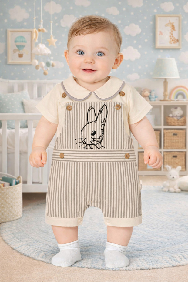 Baby Set Salopet Unisex Vertical Striped Rabbit Jumpsuit