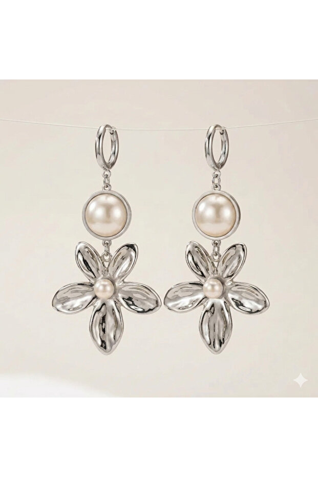 Non-Tarnish Steel Dangle Pearl Flower Model Long Large Earrings - 6.3 cm