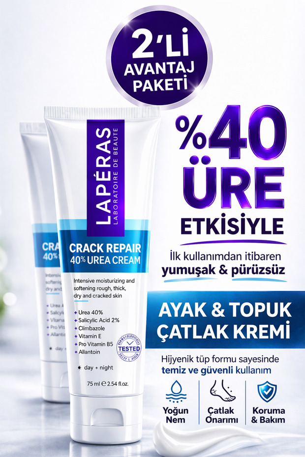 LAPERAS Ayak Kremi Topuk Çatlak Bakımı %40 Üreli 2'li Paket | Nasır ve Koku Karşıtı Yoğun Onarıcı | %2 Salisilik Asit | 75 ml x 2