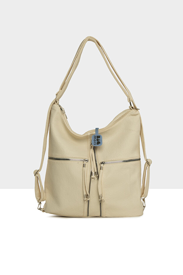 Cream Women's Soft Textured Handbag with Detailed Strap and Loose Back Strap M000008648