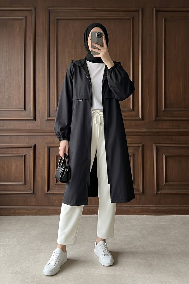 Hooded Zippered Raincoat - Black